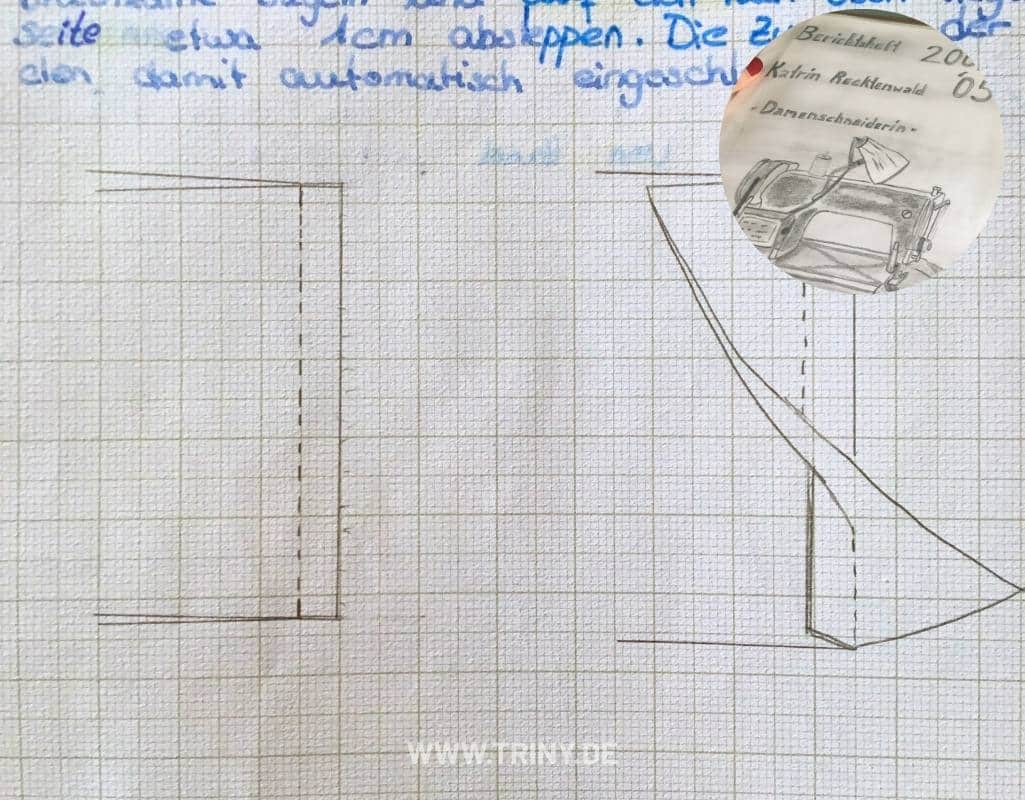 Französische Naht im Berichtsheft der Damenschneiderausbildung Berichtsheft aus der Damenschneiderausbildung von Katrin Recktenwald mit Zeichnungen zur Französischen Naht
