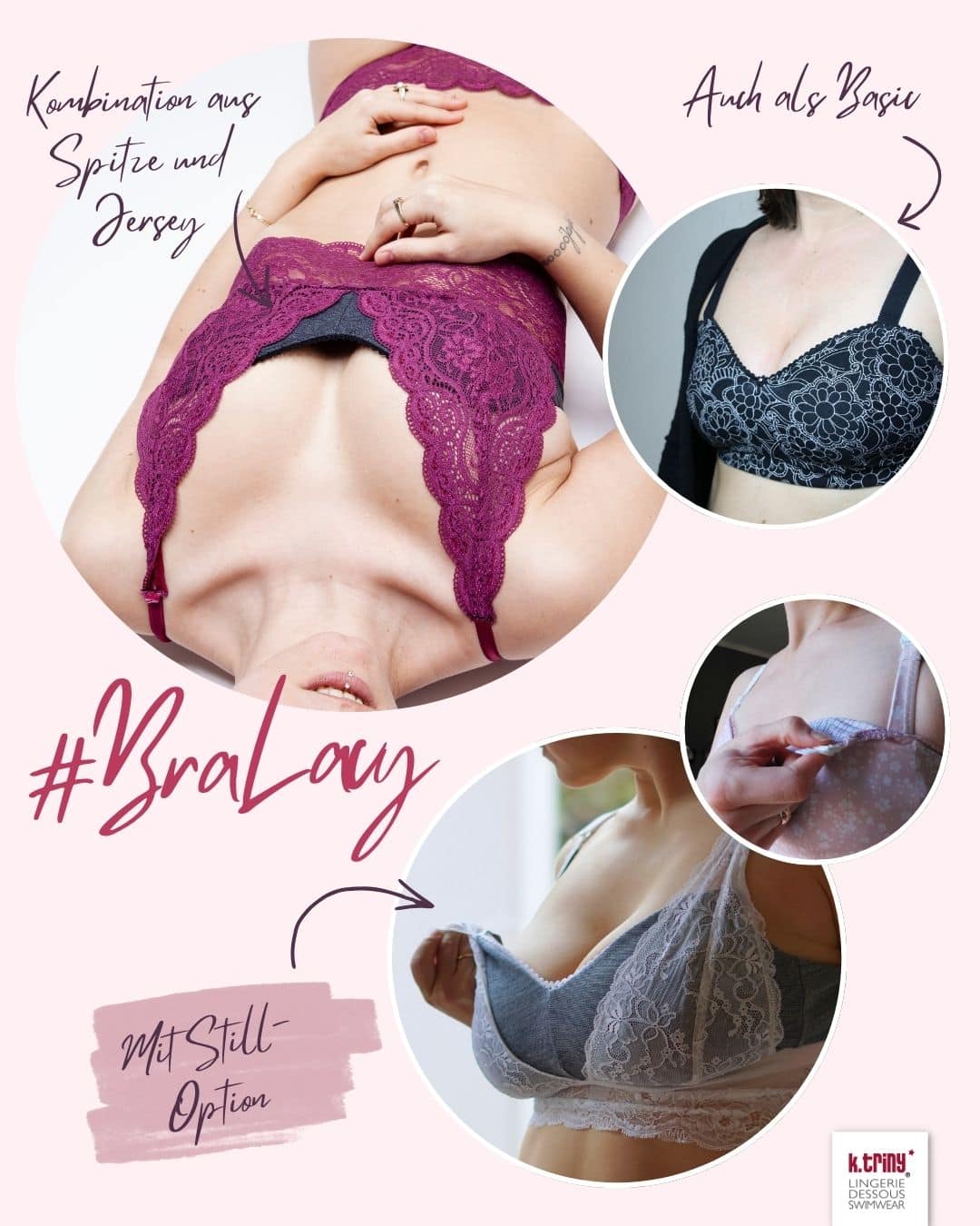 #BraLacy Bralette Schnittmuster und Varianten #BraLacy Bralette in verschiedenen Varianten aus Spitze und Jersey, darunter eine schlichte Version und eine Stillvariante