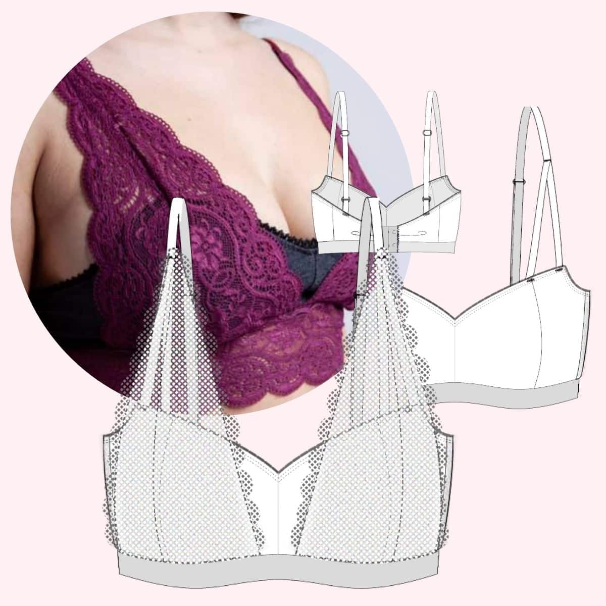 #BraLacy Bralette Schnittmuster im Überblick Genähtes #BraLacy mit technischer Zeichnung der Vorder- und Rückansicht