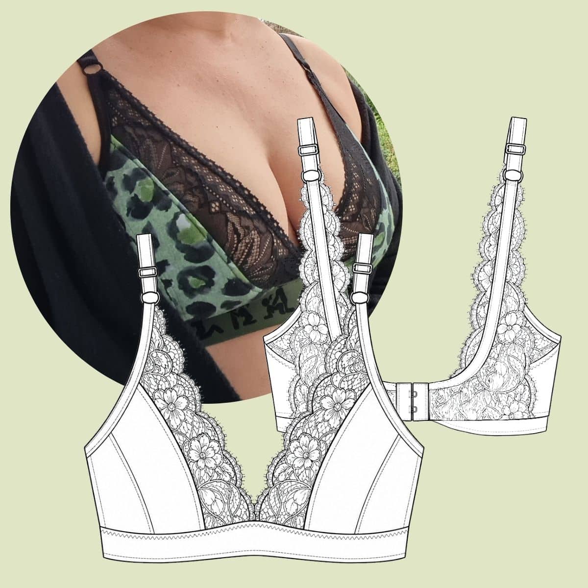 #BraLovely Bralette Schnittmuster im Überblick Genähtes #BraLovely mit dreiteiligem Cup und technischer Zeichnung der Vorder- und Rückansicht