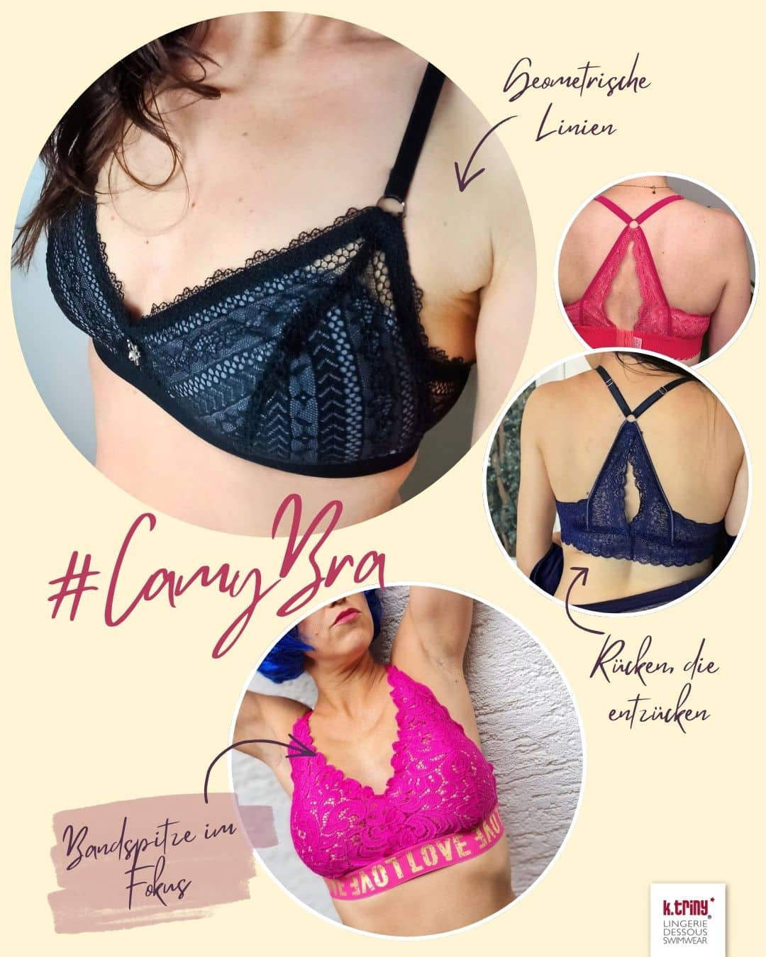 #CamyBra Bralette Schnittmuster und Varianten #CamyBra Bralette in verschiedenen Varianten mit Bandspitze, zweiteiligem Cup und auffälliger Rückengestaltung