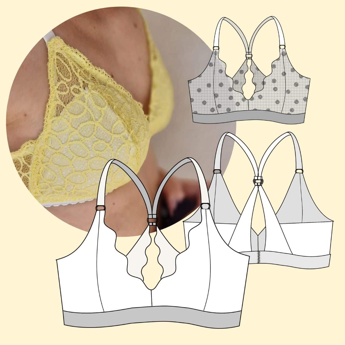 #CamyBra Bralette Schnittmuster im Überblick Genähtes #CamyBra mit technischer Zeichnung der Vorder- und Rückansicht