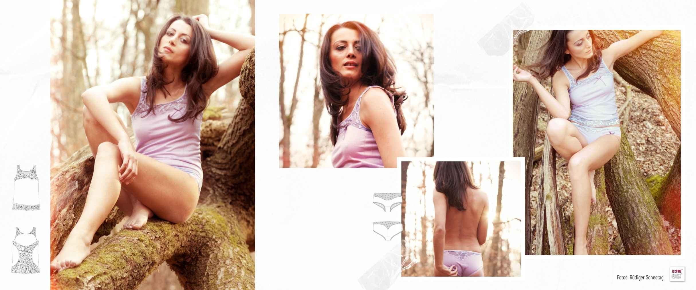 Collage mit Model im lilafarbenen Unterwäscheset mit Spitze, aufgenommen im Wald von Fotograf Rüdiger Schestag. Nostalgische Aufnahmen aus den Anfängen von k.triny* lingerie