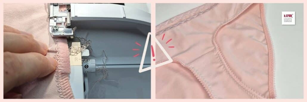 Overlock Trick beim Nähen: Stoffbündchen wird an der Overlockmaschine verarbeitet, daneben technische Zeichnung mit Hand, die das Handrad zurückdreht – Beispiel für sauberen Nahtabschluss ohne Rausnähen