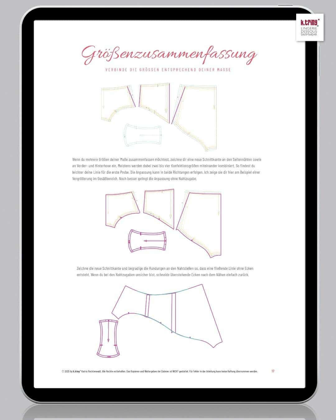 Illustration der Schnittanpassung beim Nähen eines Slips. Gezeigt wird, wie mehrere Größen des #Waisty Schnittmusters miteinander verbunden werden können, um eine individuelle Passform zu erzielen.