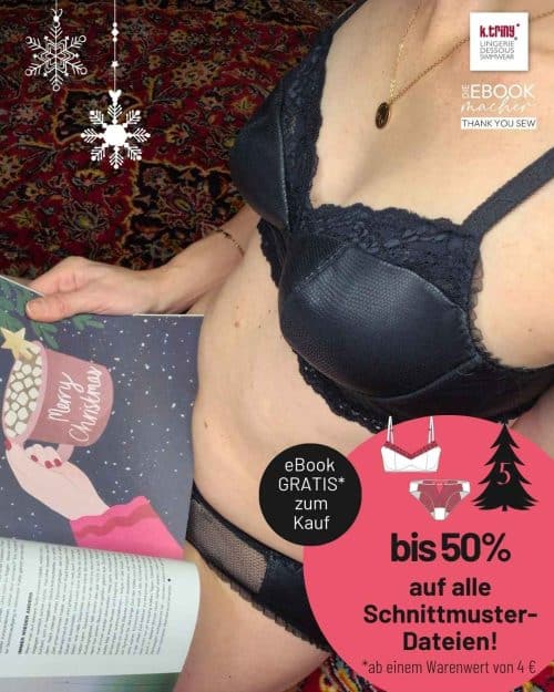 Frau trägt einen schwarzen Softbra nach dem BH Schnittmuster bügellos #BraVyva während der TYS Aktion mit Rabattgrafik.