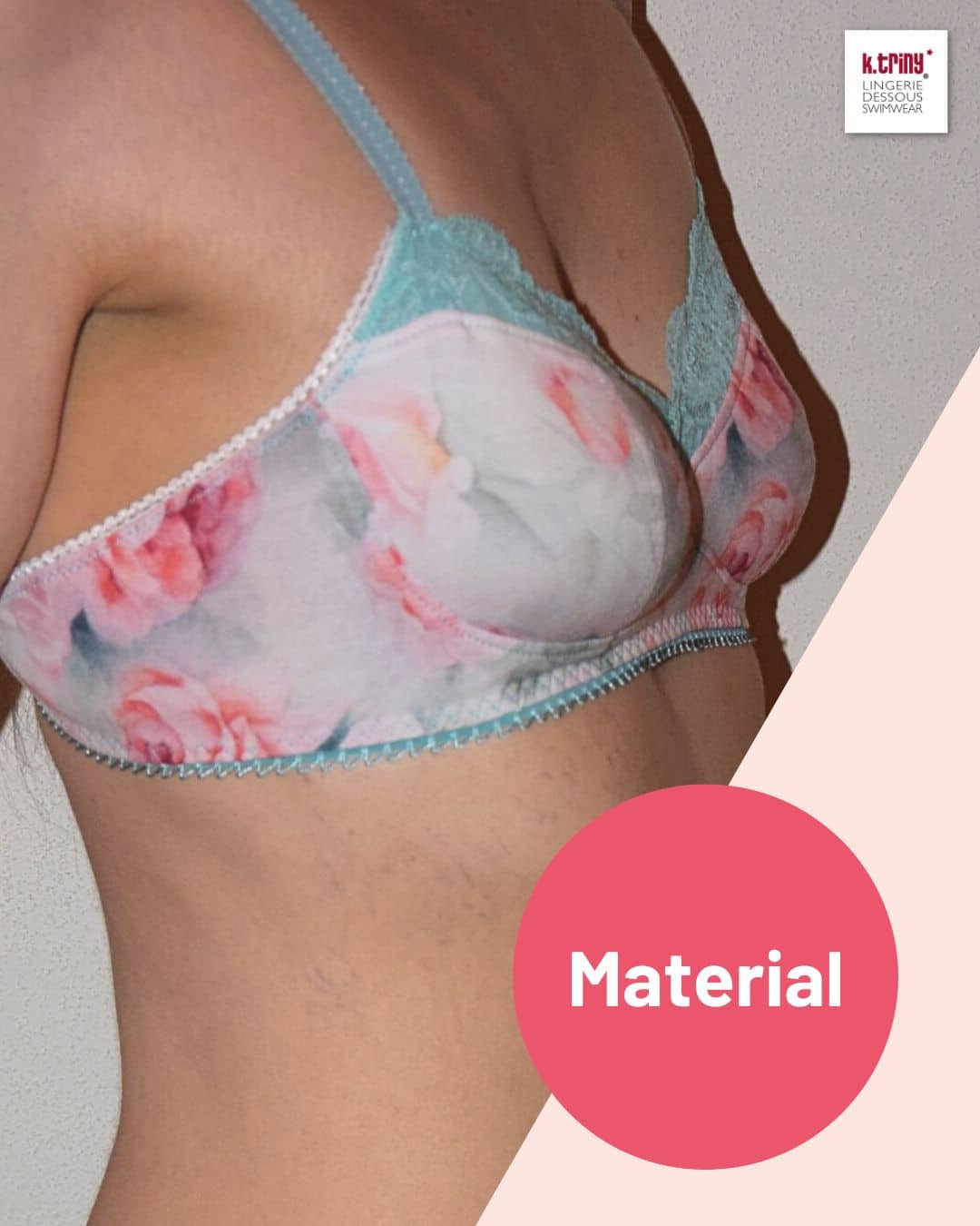Seitenansicht eines Bügellosen BH #BraVyva aus floraler Spitze und Jersey, präsentiert zur Materialwahl und Stoffempfehlung für den Schnitt.