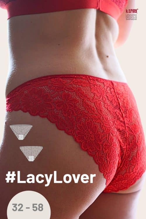 LacyLover Slip Schnittmuster aus Bandspitze mit seitlicher Überlappung, Größen 32–58.