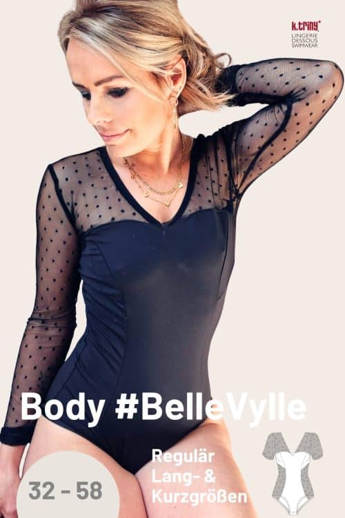 Titelbild des Body Schnittmusters #BelleVylle von k.triny* lingerie. Gezeigt wird ein figurbetonter Damenbody in Bordeaux mit langen Spitzenärmeln, V-Ausschnitt und geschwungenen Teilungen. Erhältlich in Größe 32 bis 58, regulär sowie in Lang- und Kurzgrößen.