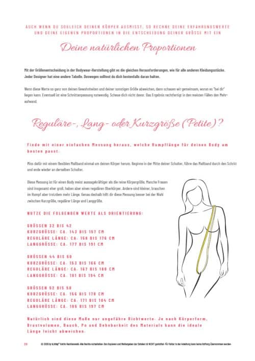 Übersicht zur Rumpflänge für das #BelleVylle Body Schnittmuster mit Messanleitung von der Schulter durch den Schritt und Richtwerten für Kurzgröße, regulär und Langgröße in Größe 32 bis 58