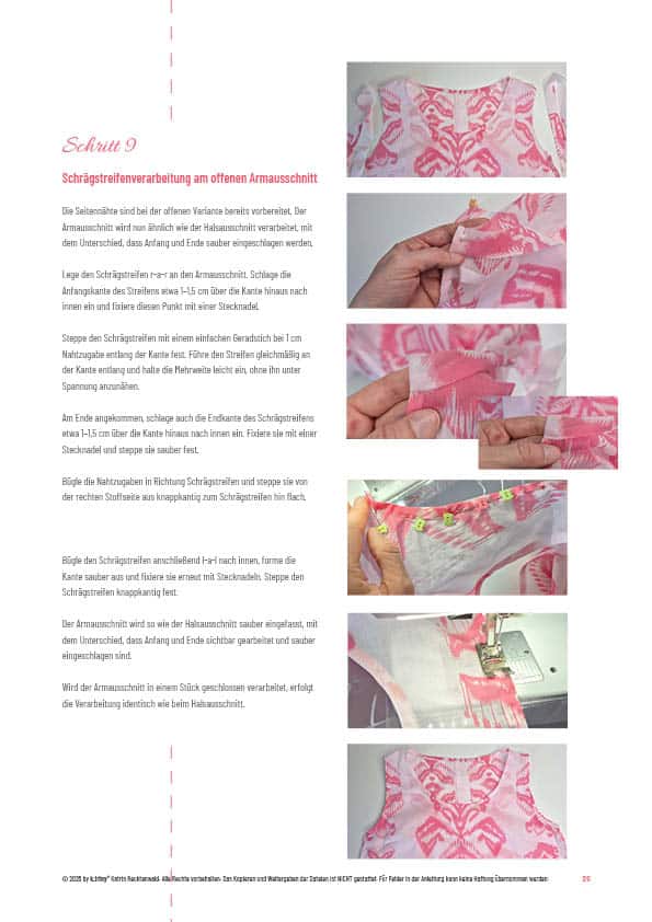 Siete 25_#Lyviera_ktriny_ebook Schritt-für-Schritt-Anleitung zur Schrägstreifenverarbeitung am Armausschnitt des Schnittmusters #Livyera von k.triny* lingerie. Gezeigt wird die saubere Verarbeitung eines offenen Armausschnitts mit Schrägstreifen an einem Sommertop aus pink gemusterter Webware.