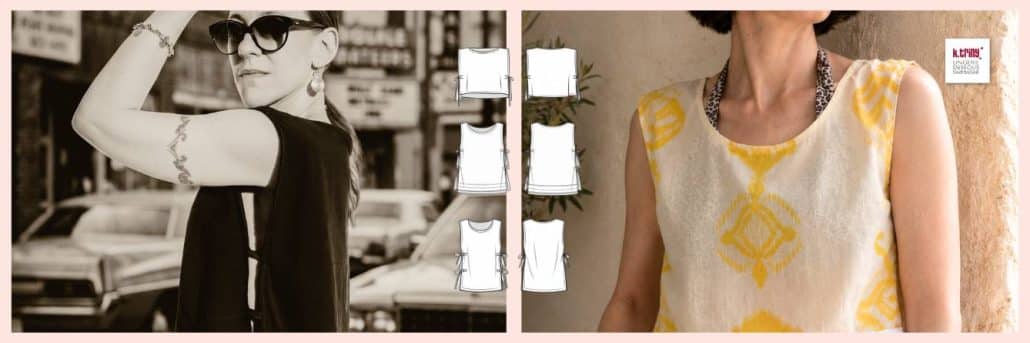 Zwei Frauen tragen unterschiedliche Varianten des Schnittmusters #Livyera von k.triny* lingerie. Links ein schwarzes Sommertop mit tiefem Seitenschlitz im Layeringlook, rechts eine helle Sommerkleid-Variante aus leichter Webware mit gelbem Muster. Daneben technische Zeichnungen der verschiedenen Top- und Kleidoptionen.