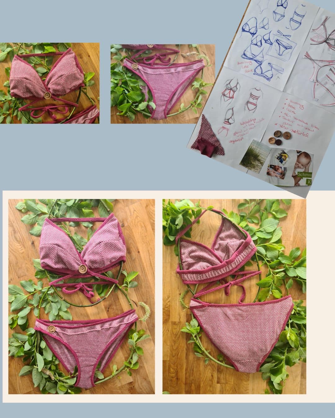 Bikini Entwurf mit Skizzen, Moodboard und genähtem Modell