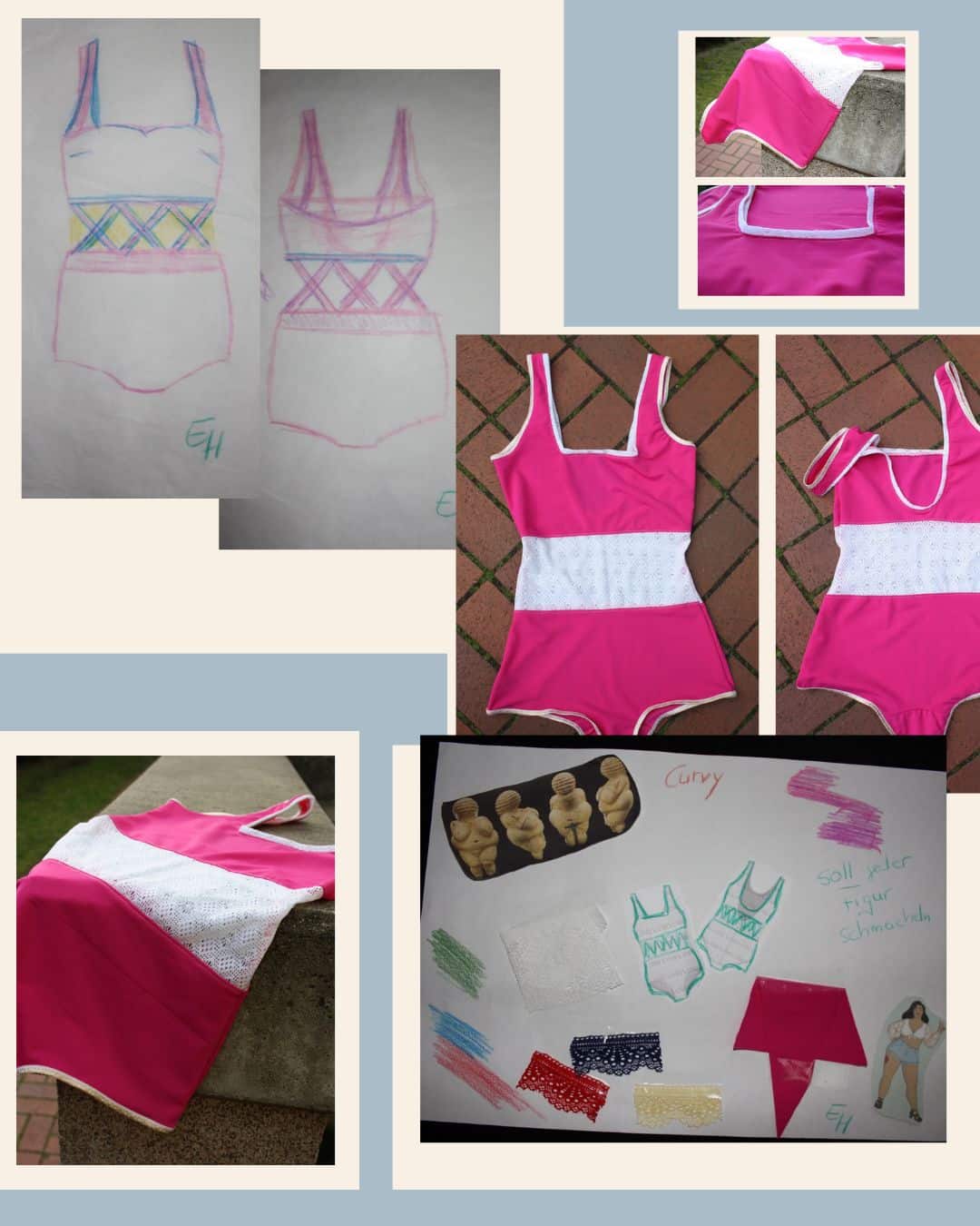 Pinker Badeanzug Entwurf mit Skizzen und Moodboard