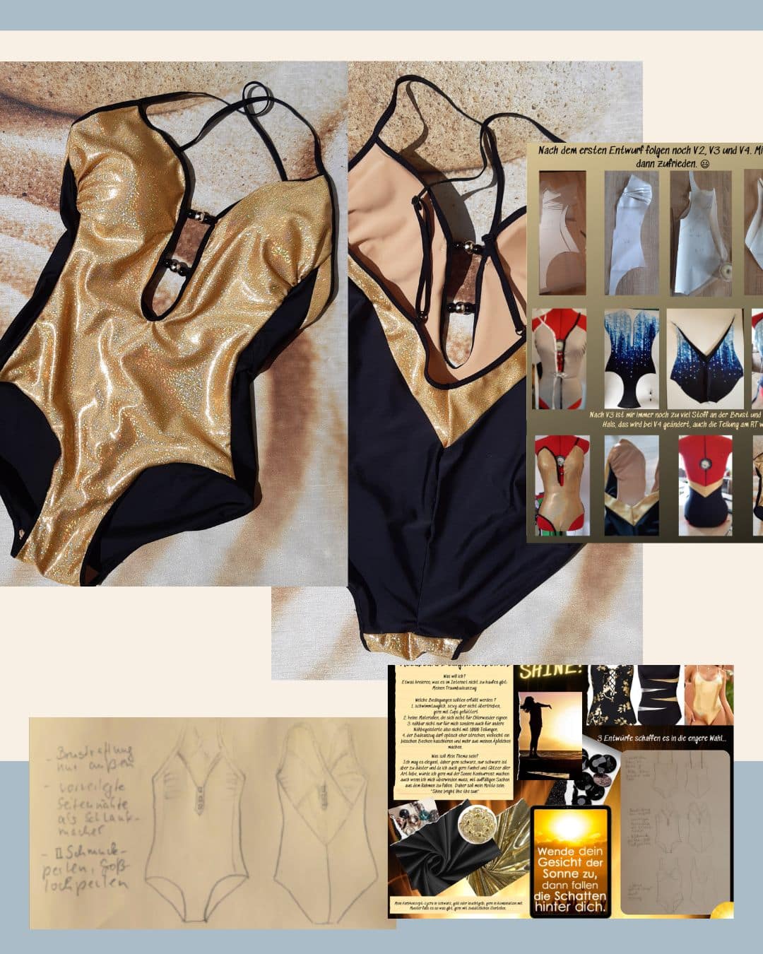 Bademode Atelier Beispiel mit gold schwarzem Badeanzug und mehreren Entwurfsstufen