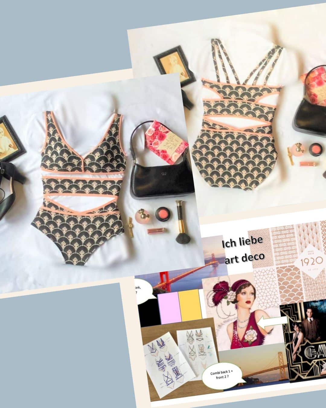 Art Deco Badeanzug Entwurf für Designwettbewerb mit Moodboard und fertigem Modell