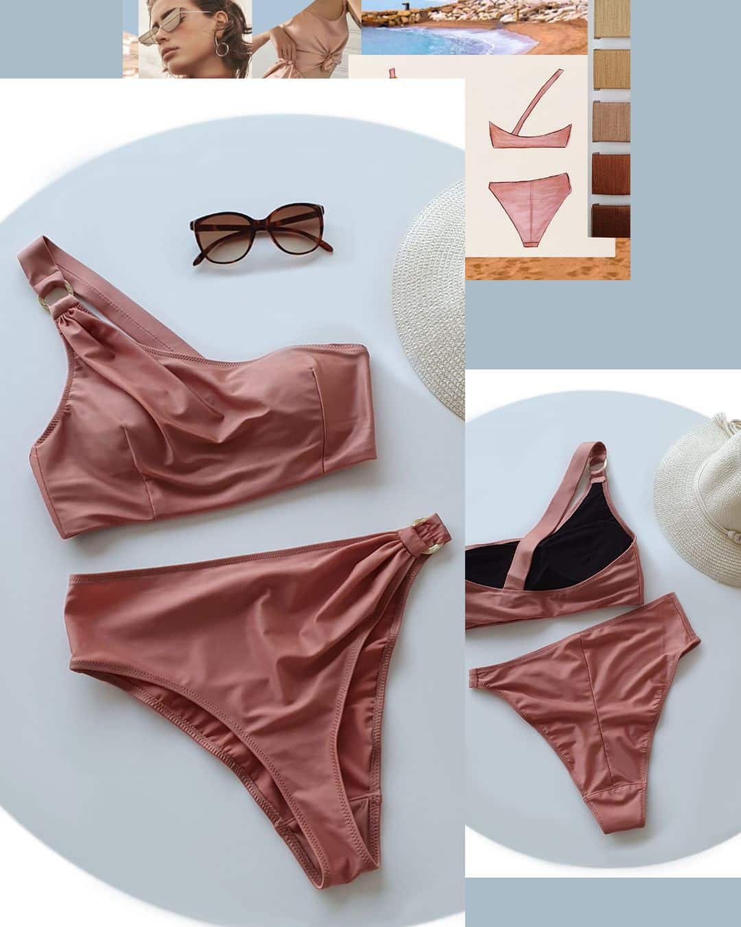Bademode Atelier Bikini Entwurf in Altrosa mit Skizze, Moodboard und genähtem Modell