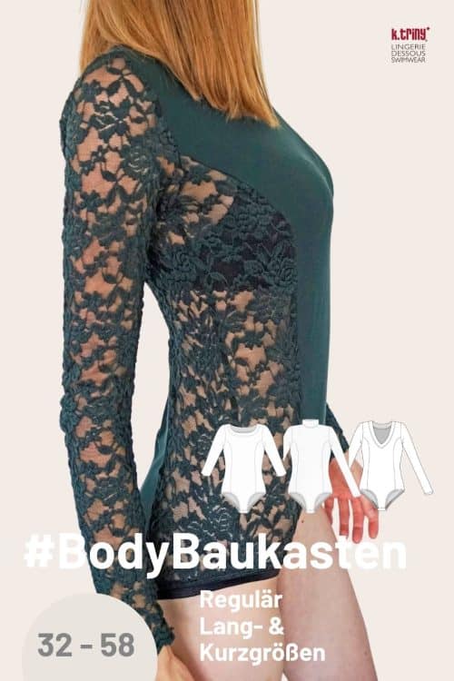 Body Baukasten Schnittmuster von k.triny* mit langärmligem Body aus Jersey und Spitze in Größe 32 bis 58