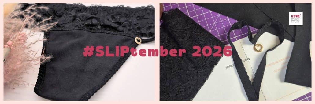 #Sliptember 2026 mit selbstgenähtem schwarzem Slip und Spitze auf dem Nähtisch