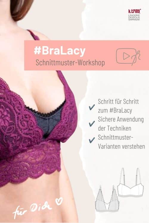 Lila Spitzenbralette #BraLacy von k.triny* mit zwei Schnittzeichnungen für den Online-Nähworkshop.