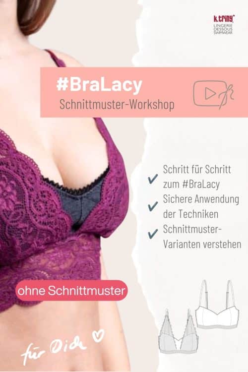 Lila Spitzenbralette #BraLacy mit Modellzeichnungen und Kennzeichnung des Online-Nähworkshops ohne Schnittmuster.